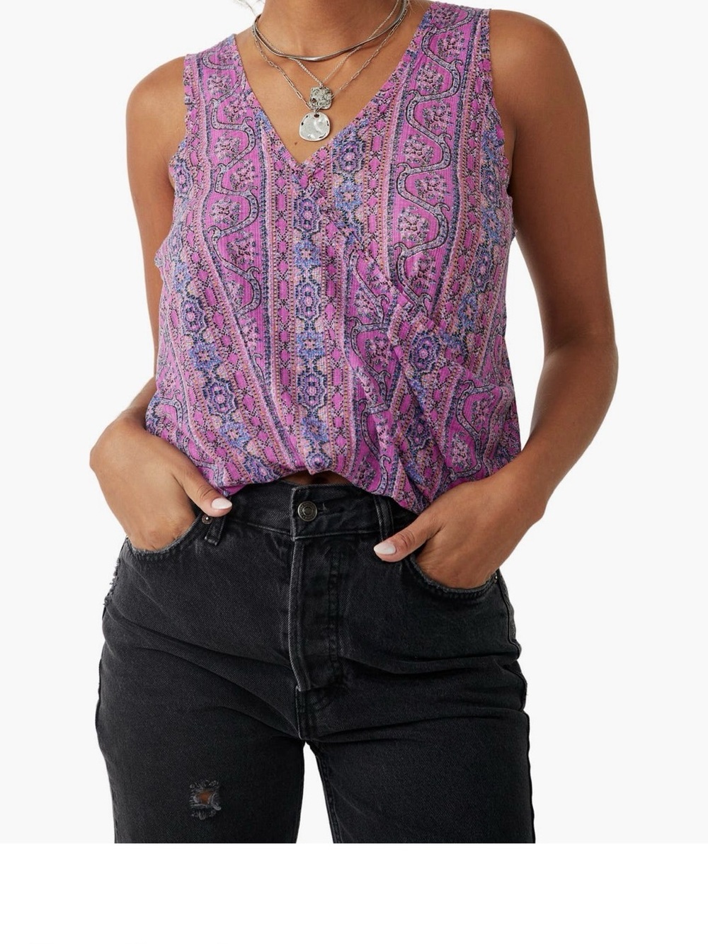 Free People Purple Paisley V-Neck Tank Top